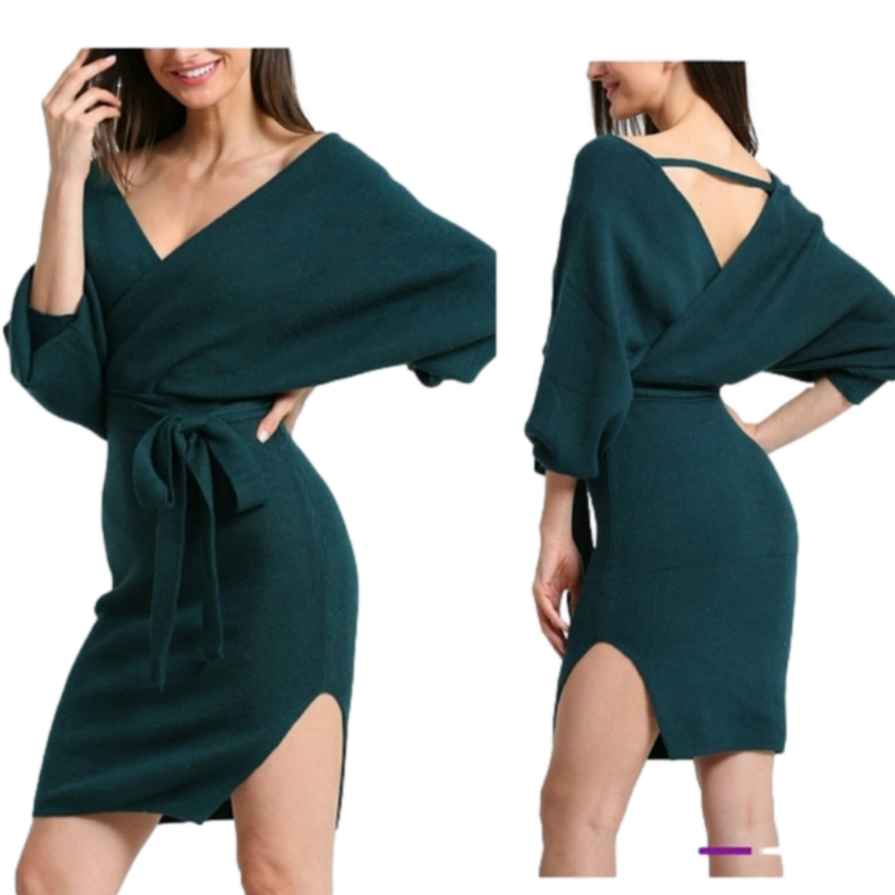 3/4 Sleeve Wrap Sweater Dress